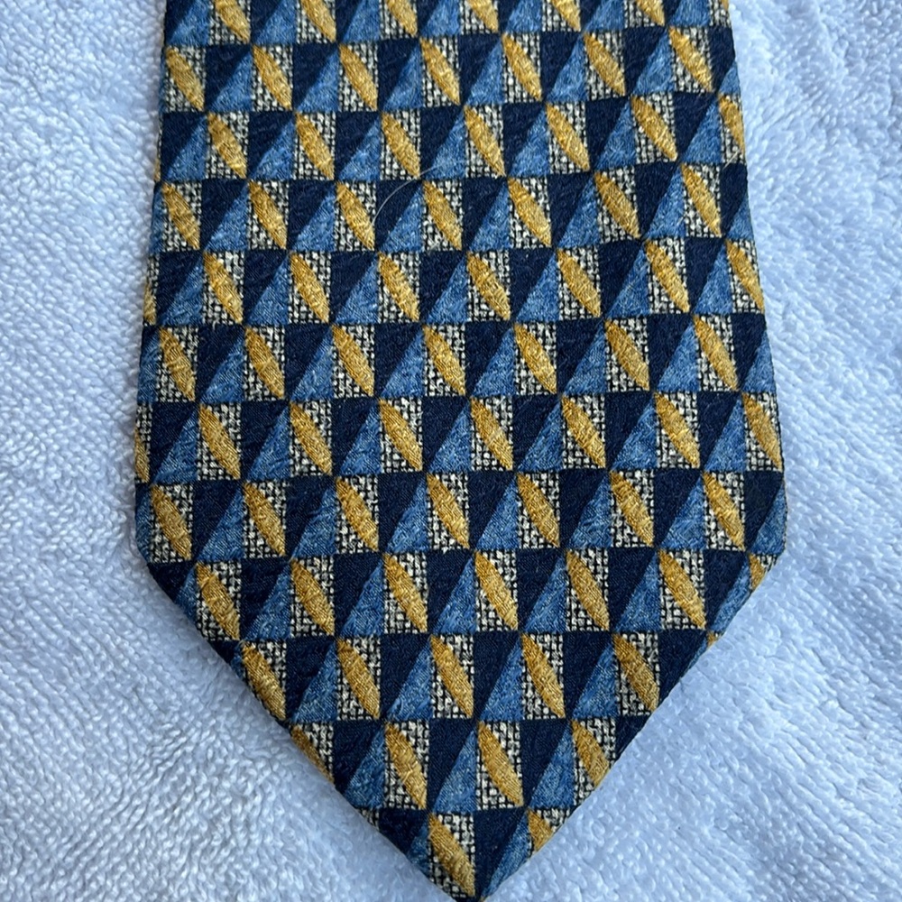 Vintage Zegna Men’s Blue Gold 100% Silk Neck Tie Geometric Print